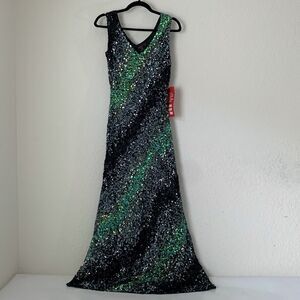 NWT Marina Gown Dress 8 Black Green Sequin 100% Silk Mermaid‎ Dark Romantic Prom